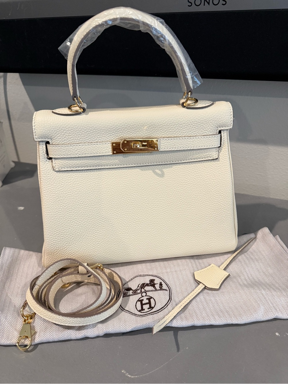 Classic Cream Pebbled Leather Top-Handle Leather Satchel with Gold Hardware